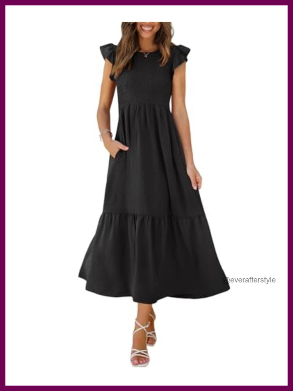 Casual Maxi Dress with Pockets Smocked Ruffle Sleeve Tiered Flowy Long